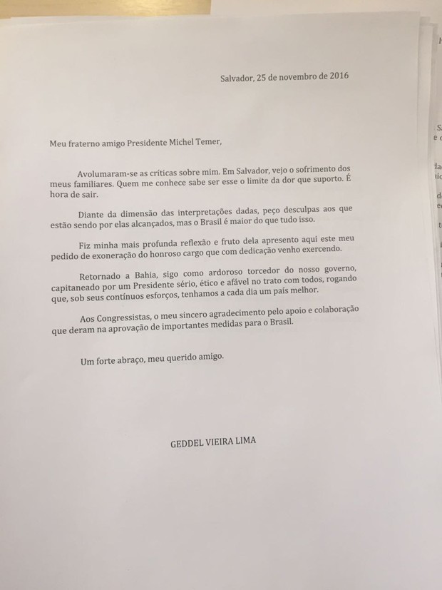 Reprodução da carta de demissão apresentada por Geddel Vieira Lima ao presidente Michel Temer (Foto: Reprodução)