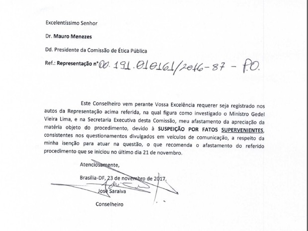 Ofício enviado pelo conselheiro José Saraiva à presidência da Comissão de Ética Pública pedindo dispensa do julgamento do caso Geddel (Foto: Reprodução)