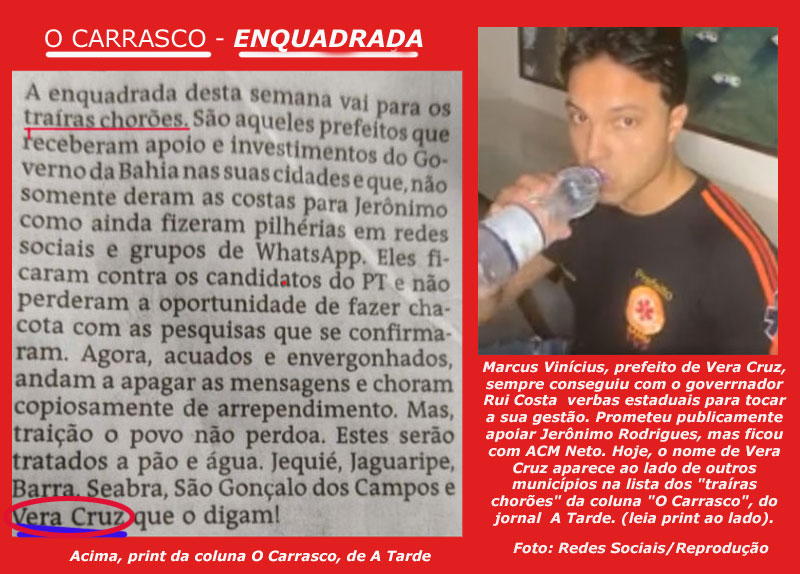 Vera Cruz, de Marcus Vinícius,  aparece na  lista  “traíras chorões” de Jerônimo divulgada por A Tarde